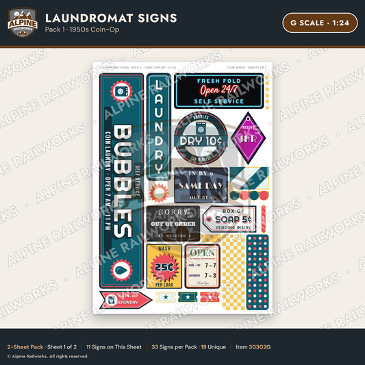Alpine Railworks 30302G G Scale Laundromat Signs - 1950s Coin-Op