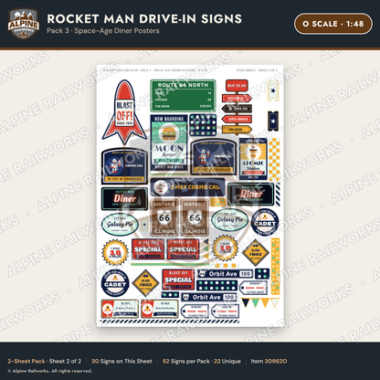 Alpine Railworks 30962O O Scale Roadside Signs - Spaceman Drive-In