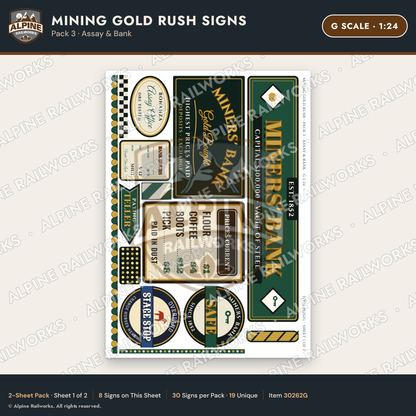Alpine Railworks 30262G G Scale Mining Gold Rush Signs - Assay & Bank