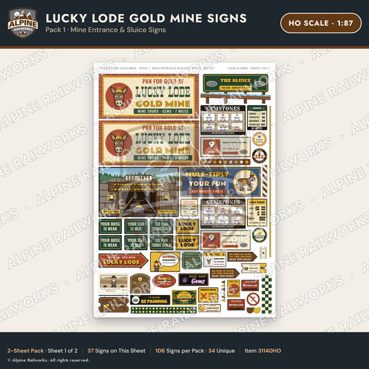 Alpine Railworks 31140HO HO Scale Roadside Signs - Gold Panning Mine