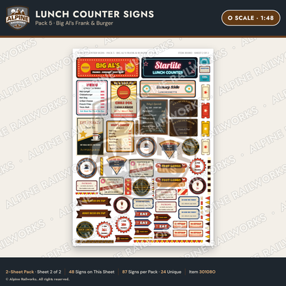 Alpine Railworks 30108O O Scale Lunch Counter Signs - Big Al's Frank