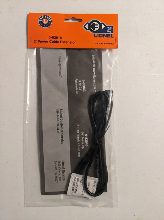 Lionel 82918 O Scale 3' Power Cable Extension (3 Pin, M/F )