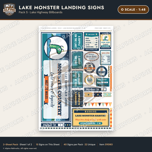 Alpine Railworks 31108O O Scale Roadside Signs - Lake Monster