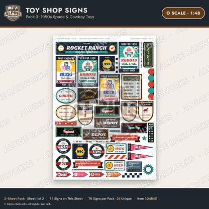 Alpine Railworks 30484O O Scale Toy Shop Signs - 1950s Space