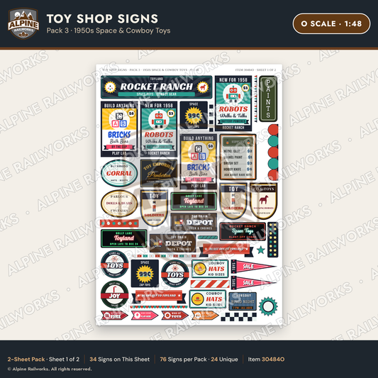 Alpine Railworks 30484O O Scale Toy Shop Signs - 1950s Space