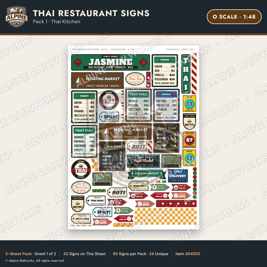 Alpine Railworks 30410O O Scale Thai Restaurant Signs - Thai Kitchen