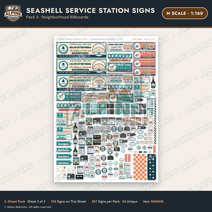 Alpine Railworks 30940N N Scale Roadside Signs - Seashell Gas Station