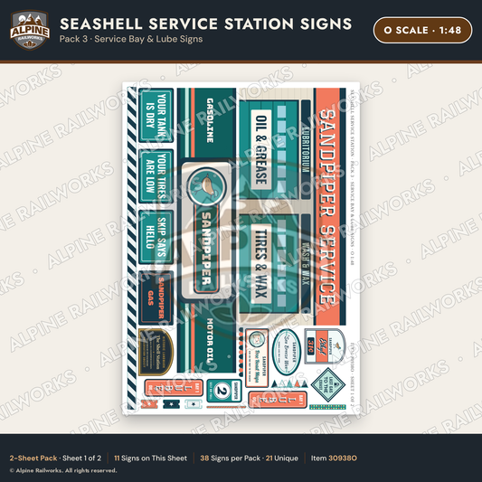Alpine Railworks 30938O O Scale Roadside Signs - Seashell Gas Station