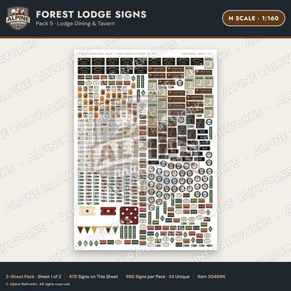 Alpine Railworks 30468N N Scale Forest Lodge Signs - Lodge Dining