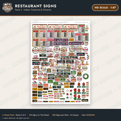 Alpine Railworks 30033HO HO Scale Restaurant Signs - Italian Trattoria