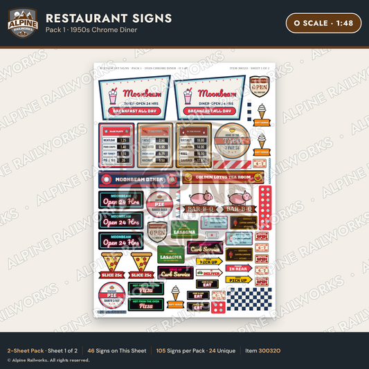 Alpine Railworks 30032O O Scale Restaurant Signs - 1950s Chrome Diner