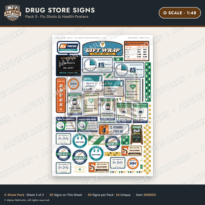 Alpine Railworks 30660O O Scale Drug Store Signs - Flu Shots