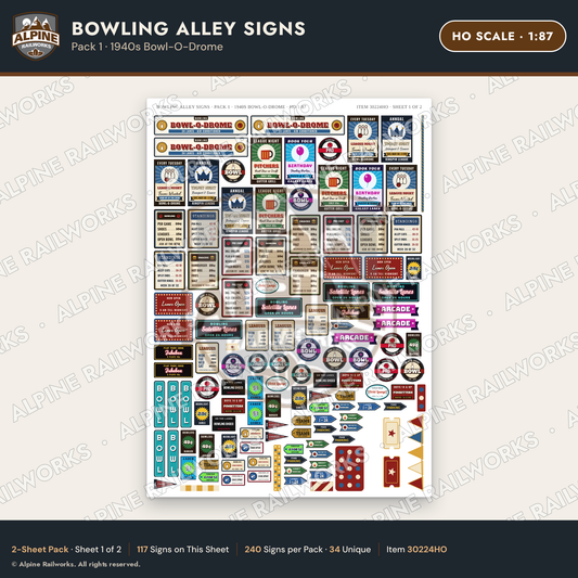 Alpine Railworks 30224HO HO Scale Bowling Alley Signs - Bowl-O-Drome