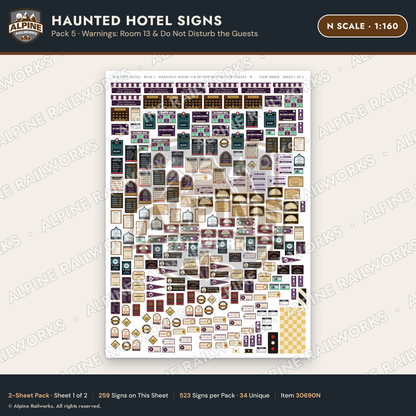 Alpine Railworks 30690N N Scale Haunted Hotel Signs - Room 13