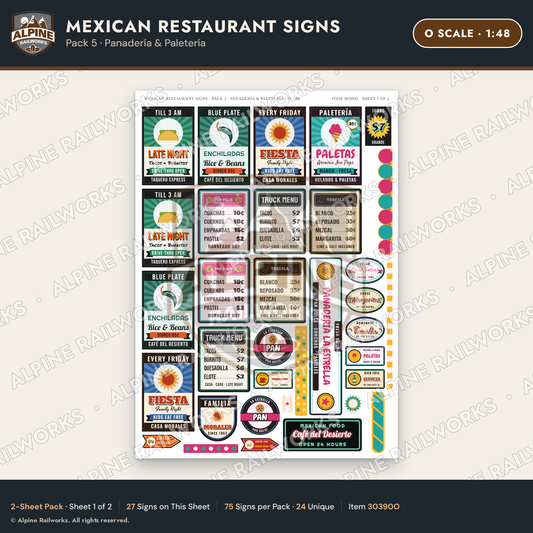 Alpine Railworks 30390O O Scale Mexican Restaurant Signs - Panaderia