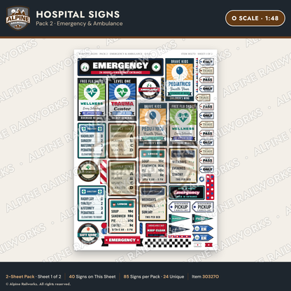 Alpine Railworks 30327O O Scale Hospital Signs - Emergency & Ambulance