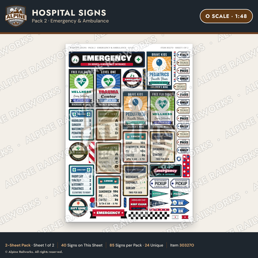 Alpine Railworks 30327O O Scale Hospital Signs - Emergency & Ambulance