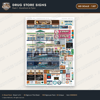 Alpine Railworks 30656HO HO Scale Drug Store Signs - Storefront