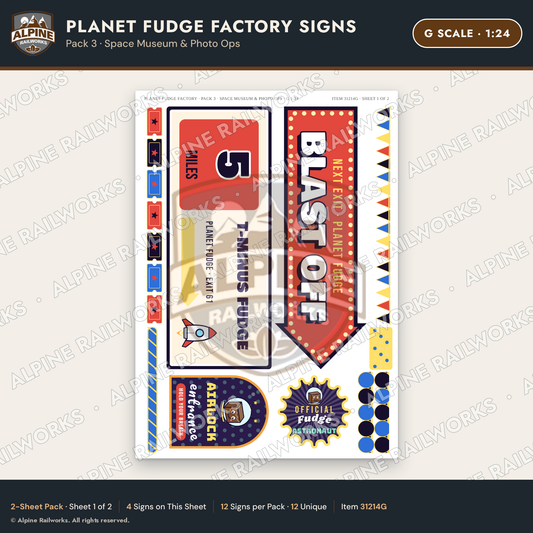 Alpine Railworks 31214G G Scale Fudge Factory Signs - Space Museum