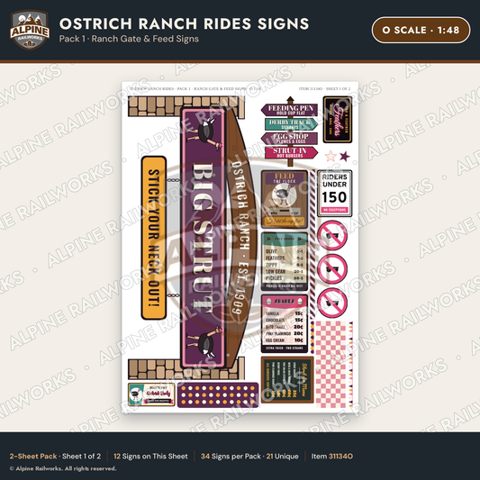 Alpine Railworks 31134O O Scale Roadside Signs - Ostrich Farm