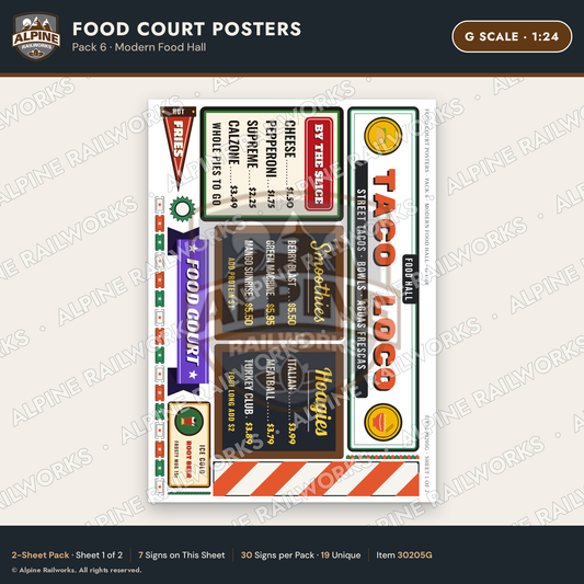 Alpine Railworks 30205G G Scale Food Court Posters - Modern Food Hall