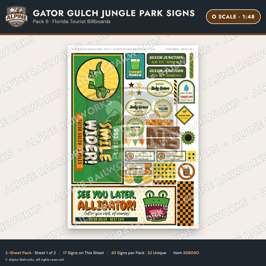 Alpine Railworks 30809O O Scale Roadside Signs - Alligator Park