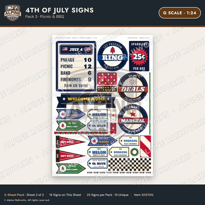 Alpine Railworks 30370G G Scale 4th of July Signs - Picnic & BBQ