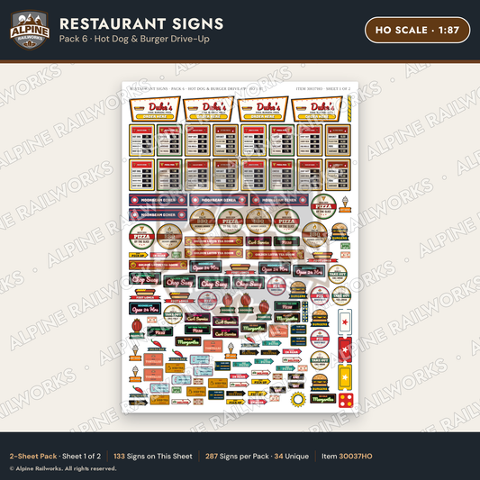 Alpine Railworks 30037HO HO Scale Restaurant Signs - Hot Dog