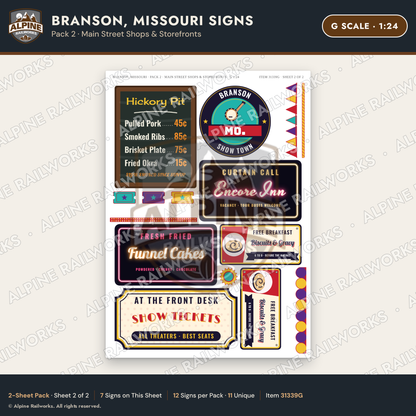 Alpine Railworks 31339G G Scale Branson MO Signs - Main Street Shops
