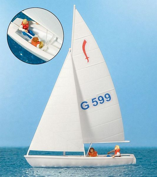 Preiser 10677 HO Scale Korsar Sailboat w/2 Sailors -- Sails Up
