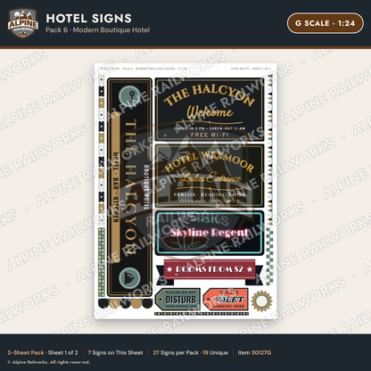 Alpine Railworks 30127G G Scale Hotel Signs - Modern Boutique Hotel
