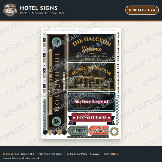 Alpine Railworks 30127G G Scale Hotel Signs - Modern Boutique Hotel