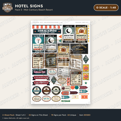 Alpine Railworks 30126O O Scale Hotel Signs - Mid-Century Beach Resort