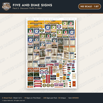 Alpine Railworks 30114HO HO Scale Five and Dime Signs