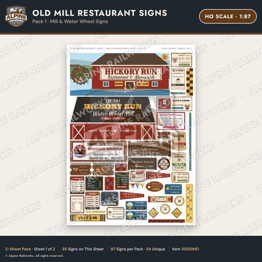 Alpine Railworks 31200HO HO Scale Old Mill Signs - Mill & Water Wheel