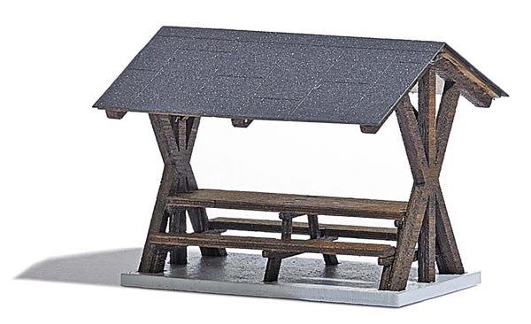 Busch 1563 HO Scale Table & Benches w/Canopy -- Laser-Cut Wood Kit