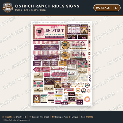 Alpine Railworks 31136HO HO Scale Roadside Signs - Ostrich Farm