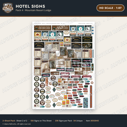 Alpine Railworks 30125HO HO Scale Hotel Signs - Mountain Resort Lodge