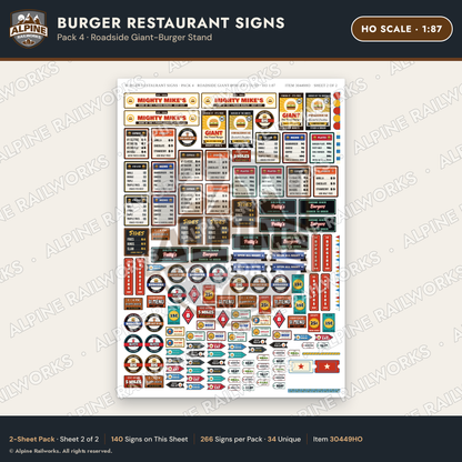 Alpine Railworks 30449HO HO Scale Burger Restaurant Signs