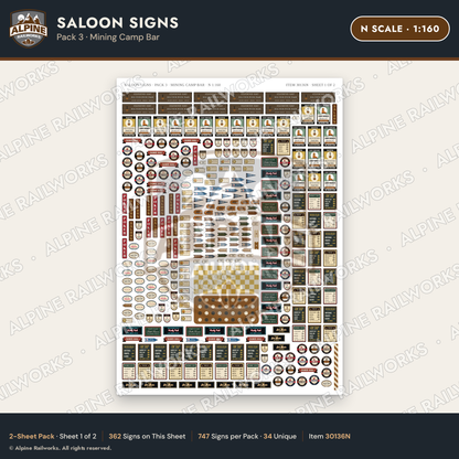 Alpine Railworks 30136N N Scale Saloon Signs - Mining Camp Bar