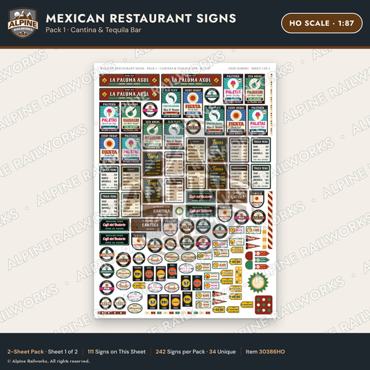 Alpine Railworks 30386HO HO Scale Mexican Restaurant Signs - Cantina