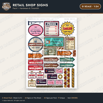 Alpine Railworks 30038G G Scale Retail Shop Signs - Hardware