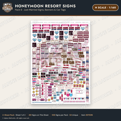 Alpine Railworks 30703N N Scale Honeymoon Resort Signs - Just Married