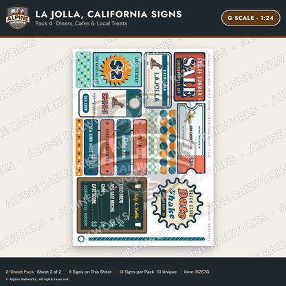 Alpine Railworks 31257G G Scale La Jolla CA Signs - Diners & Cafes