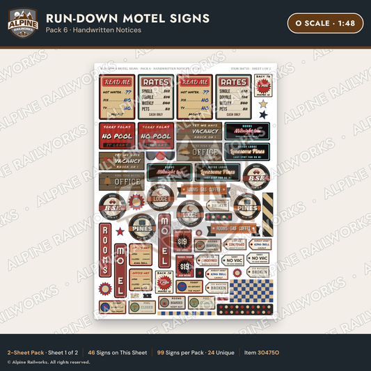 Alpine Railworks 30475O O Scale Run-Down Motel Signs