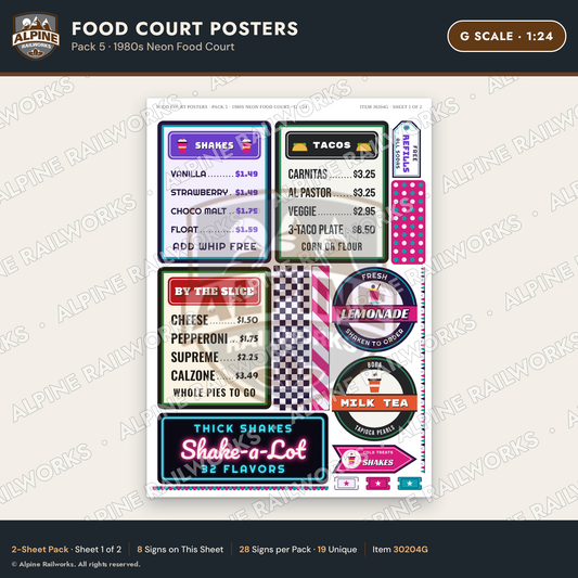 Alpine Railworks 30204G G Scale Food Court Posters - Neon Food Court