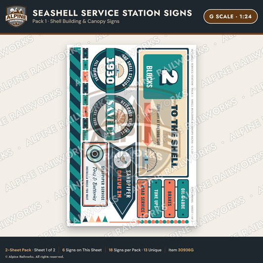 Alpine Railworks 30936G G Scale Roadside Signs - Seashell Gas Station