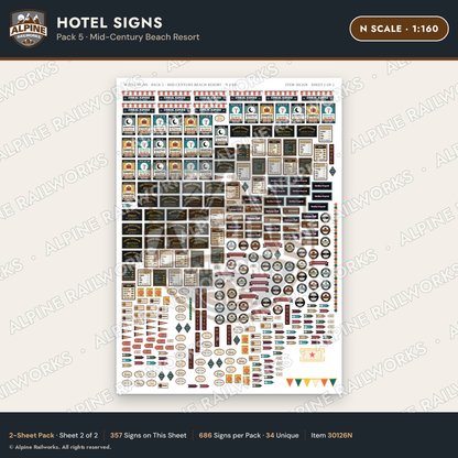 Alpine Railworks 30126N N Scale Hotel Signs - Mid-Century Beach Resort