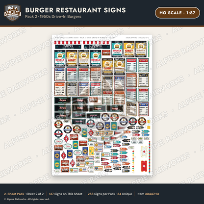 Alpine Railworks 30447HO HO Scale Burger Restaurant Signs
