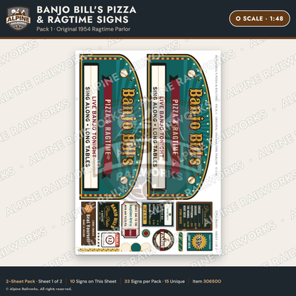 Alpine Railworks 30650O O Scale Restaurant Signs - Pizza & Music Hall